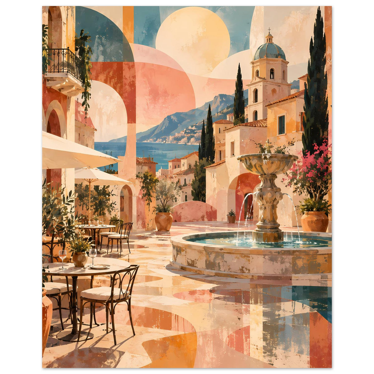 Poster mit mediterraner Szene: Springbrunnen, Putzfassaden und Blumen an Arkaden