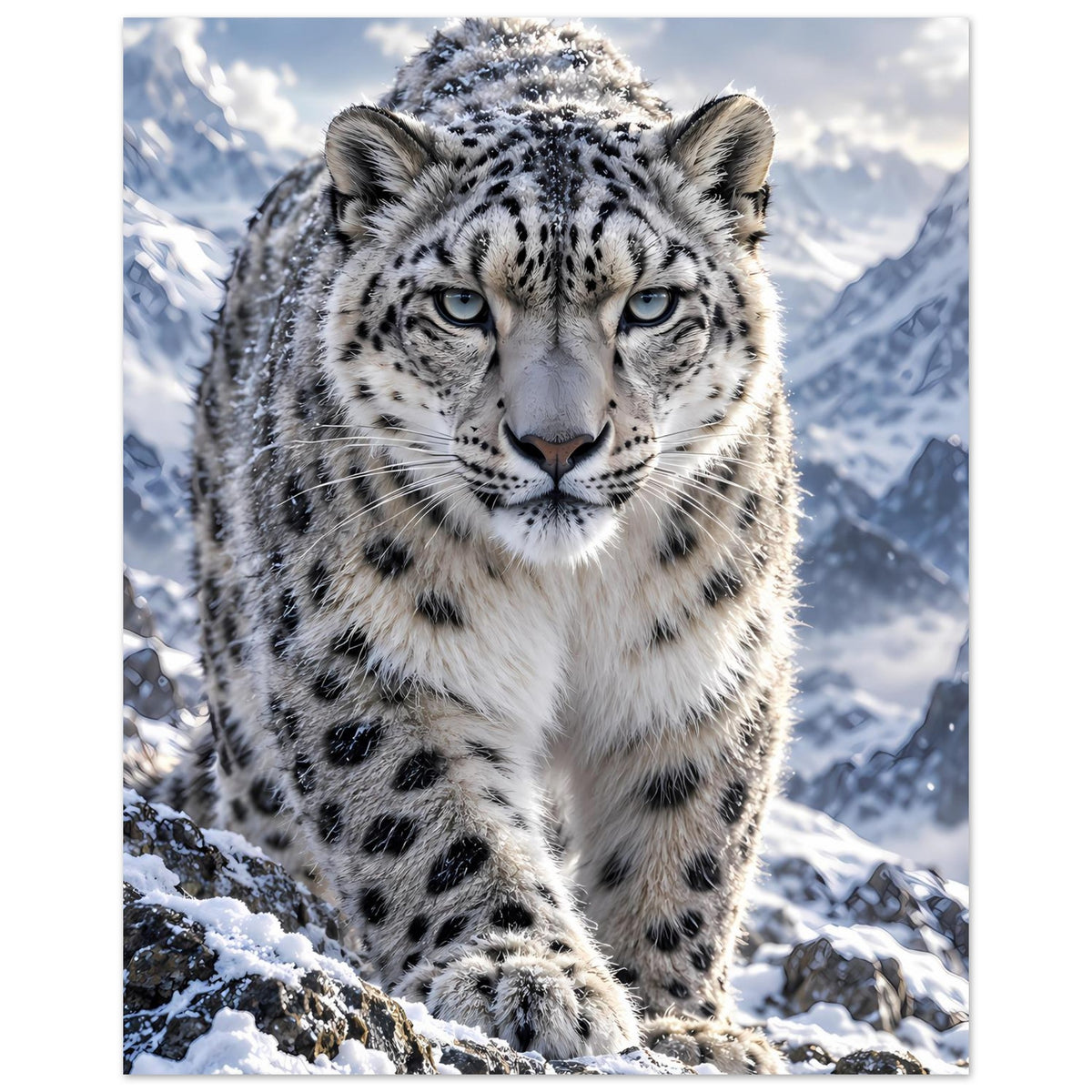 Poster mit Schneeleopard im Schnee, voller Blick nach vorn mit Pfoten im Vordergrund