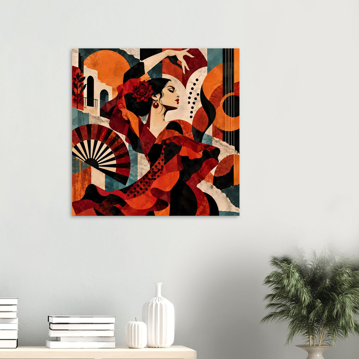 Kleines Tanzposter im Querformat mit Flamenco-Tänzerin, rotes und schwarzes Collage-Design