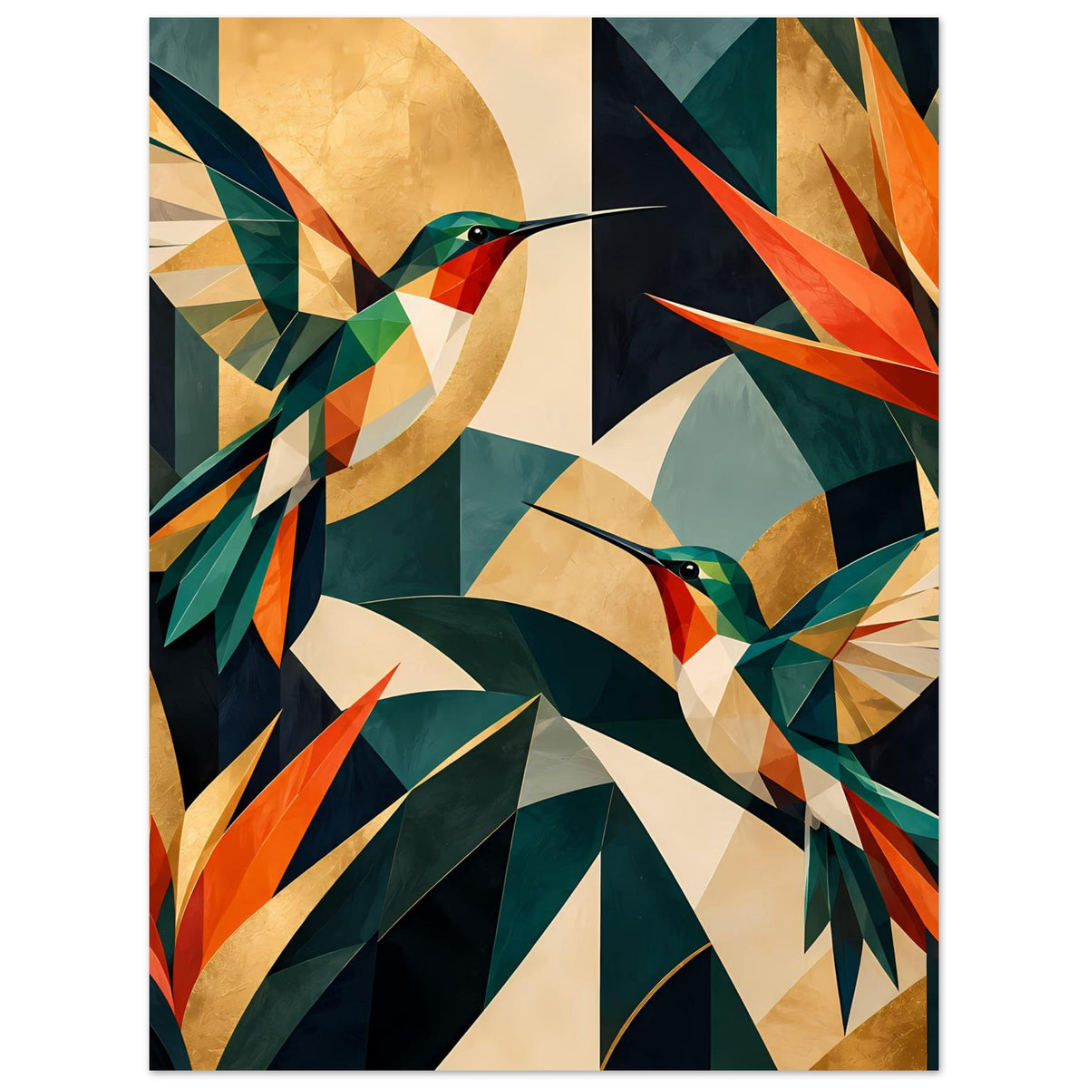 Vertikales Kunstposter mit geometrischen Kolibris, abstrakten Blättern in Grün, Orange, Beige