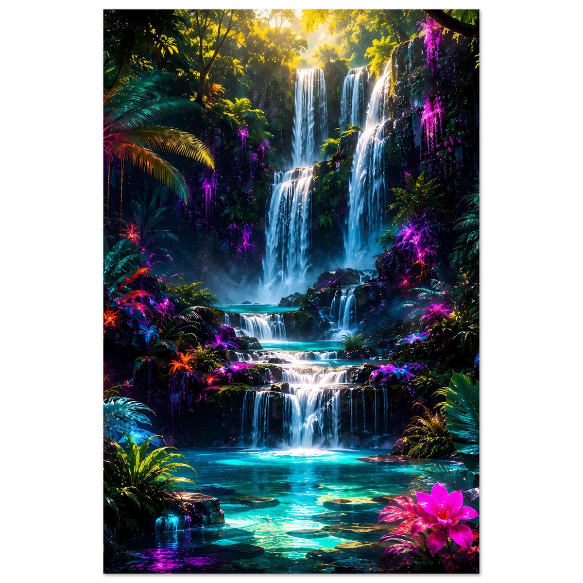 Poster: Tropenwasserfall zwischen dichtem Grün, violette Neonlichter, schwarzer Rand