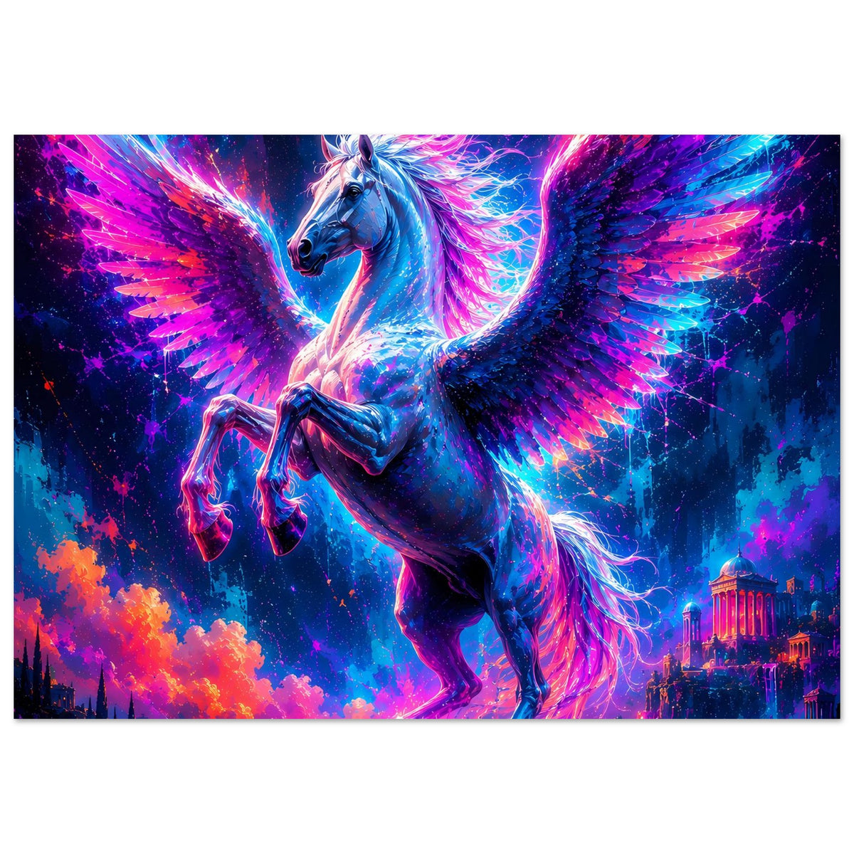 Leuchtendes Pegasus-Poster, querformat: Pegasus mit ausgebreiteten leuchtenden Flügeln