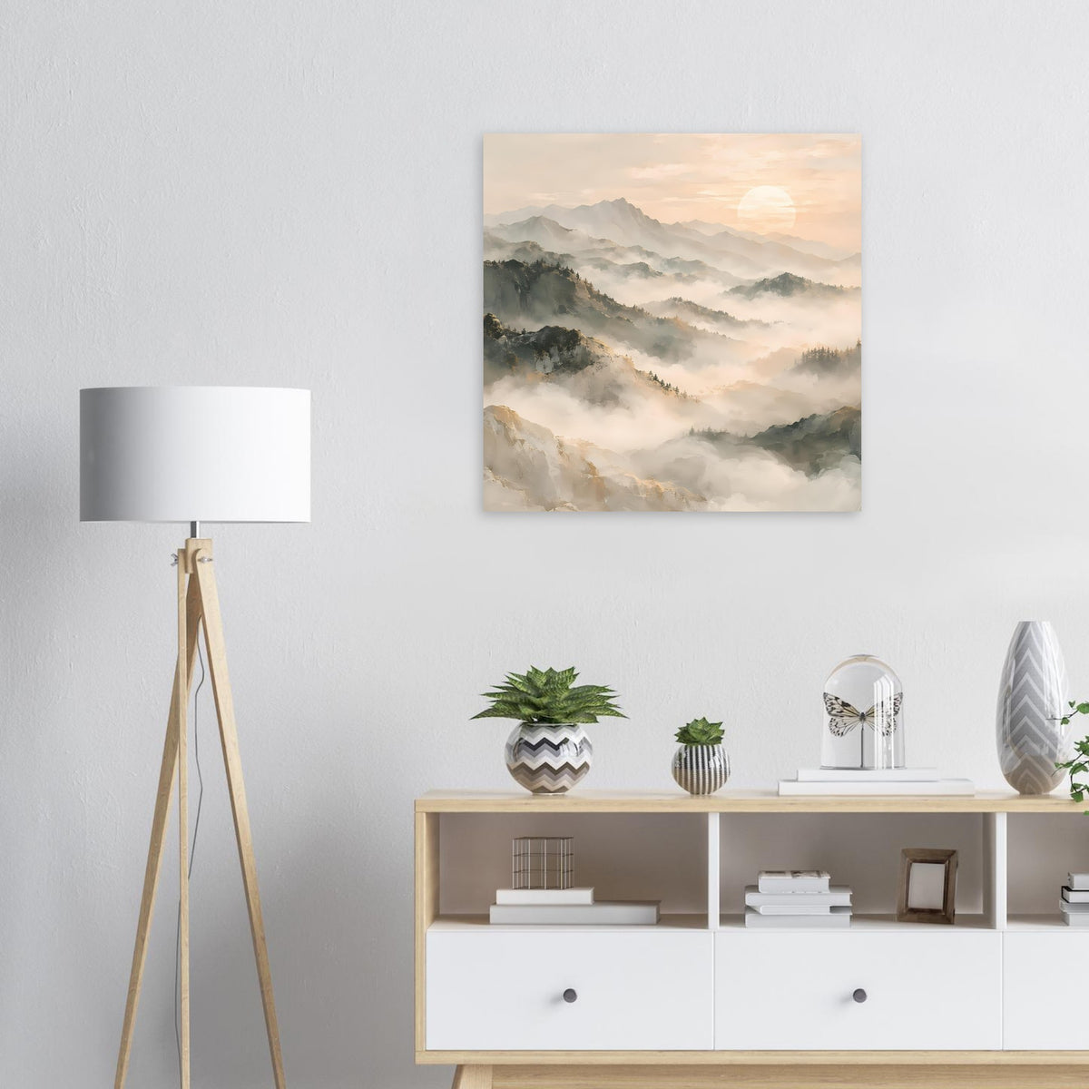 Quadratisches Bergposter mit Nebel und warmem Sonnenaufgang, matt