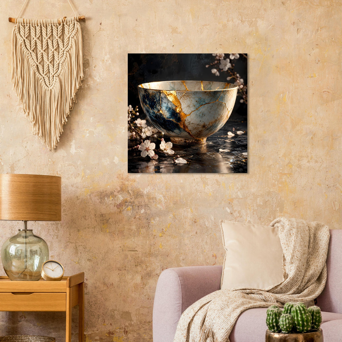 Kintsugi-Elegance-Poster mit goldener Schale und Rissdekor, umgeben von Blüten