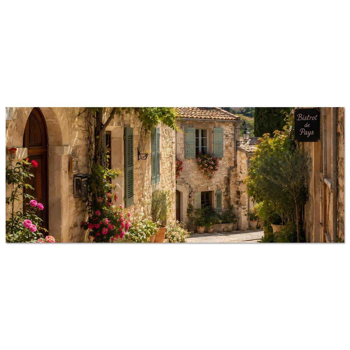 Horizontales Provence-Poster: Natursteingasse mit Blumen, Gartenkübeln und Häusern