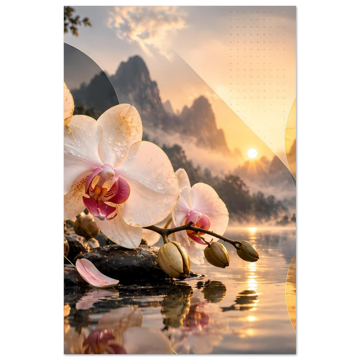 Gerahmtes Poster, vertikal zugeschnitten: weiße Orchideen und Sonnenuntergang im Nebel am Ufer.