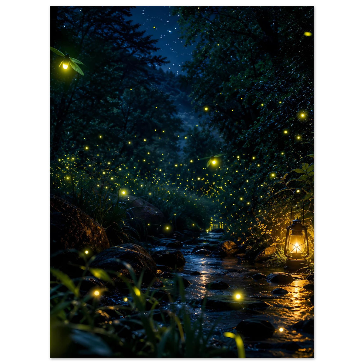 Nachtwald-Poster mit Sternen über Wald, Glühwürmchen und Laterne am Weg
