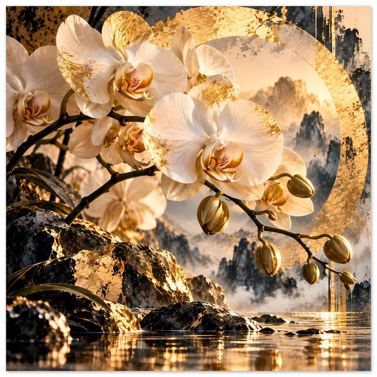 Hochformatiges Orchideenposter mit weißen Blüten, goldenem Kreis und schwarzen Ästen