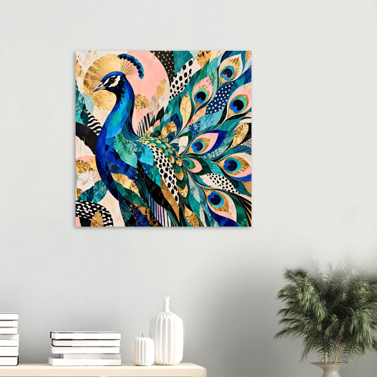 Kleines Kunstposter mit Pfau in Blau und Türkis sowie goldenen Federn