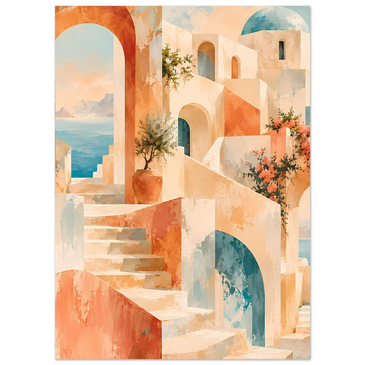 Kunstposter mit mediterraner Wandlandschaft, Treppe, Bögen sowie blühenden Zweigen