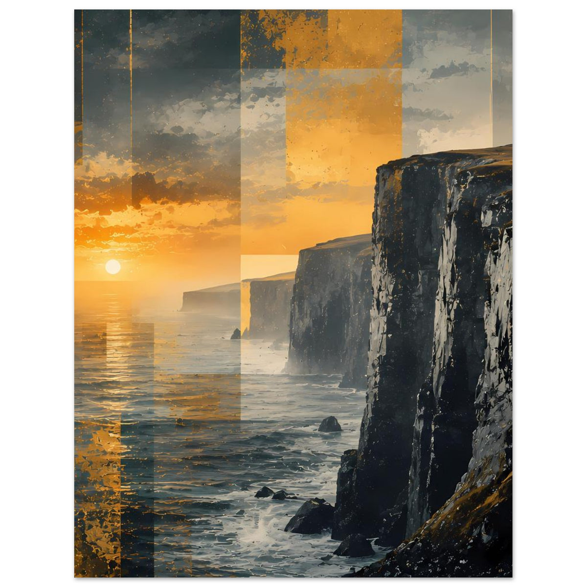 Poster im Hochformat: orangefarbener Sonnenuntergang am Meer, steile dunkle Klippen