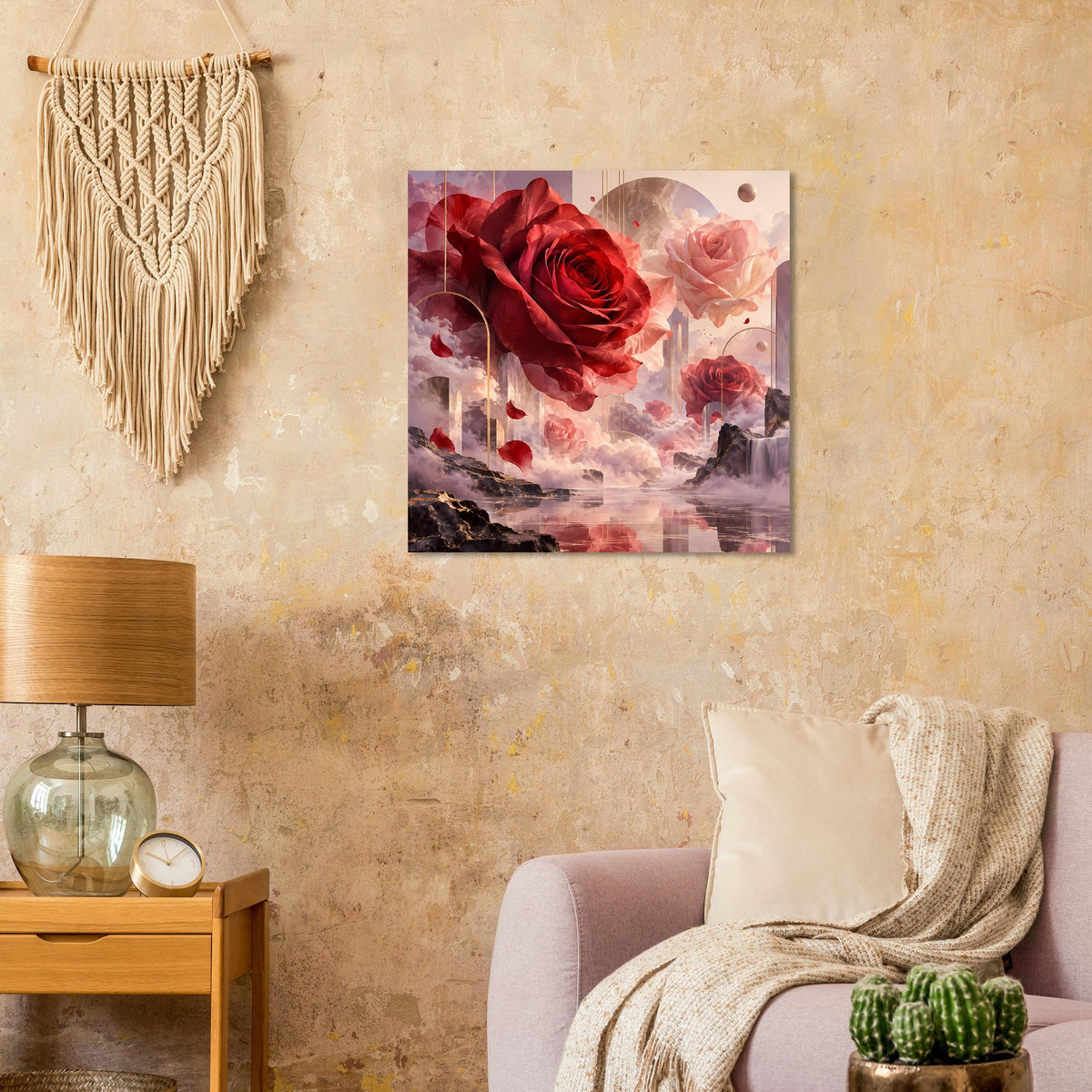 Quadratisches Poster mit großer roter Rose und rosafarbenen Rosen, abstrakt gestaltet