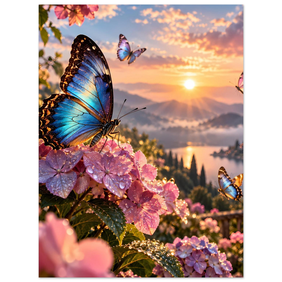 Poster mit blauen Schmetterlingen auf rosa Blüten, Sonnenuntergangslandschaft, vertikal