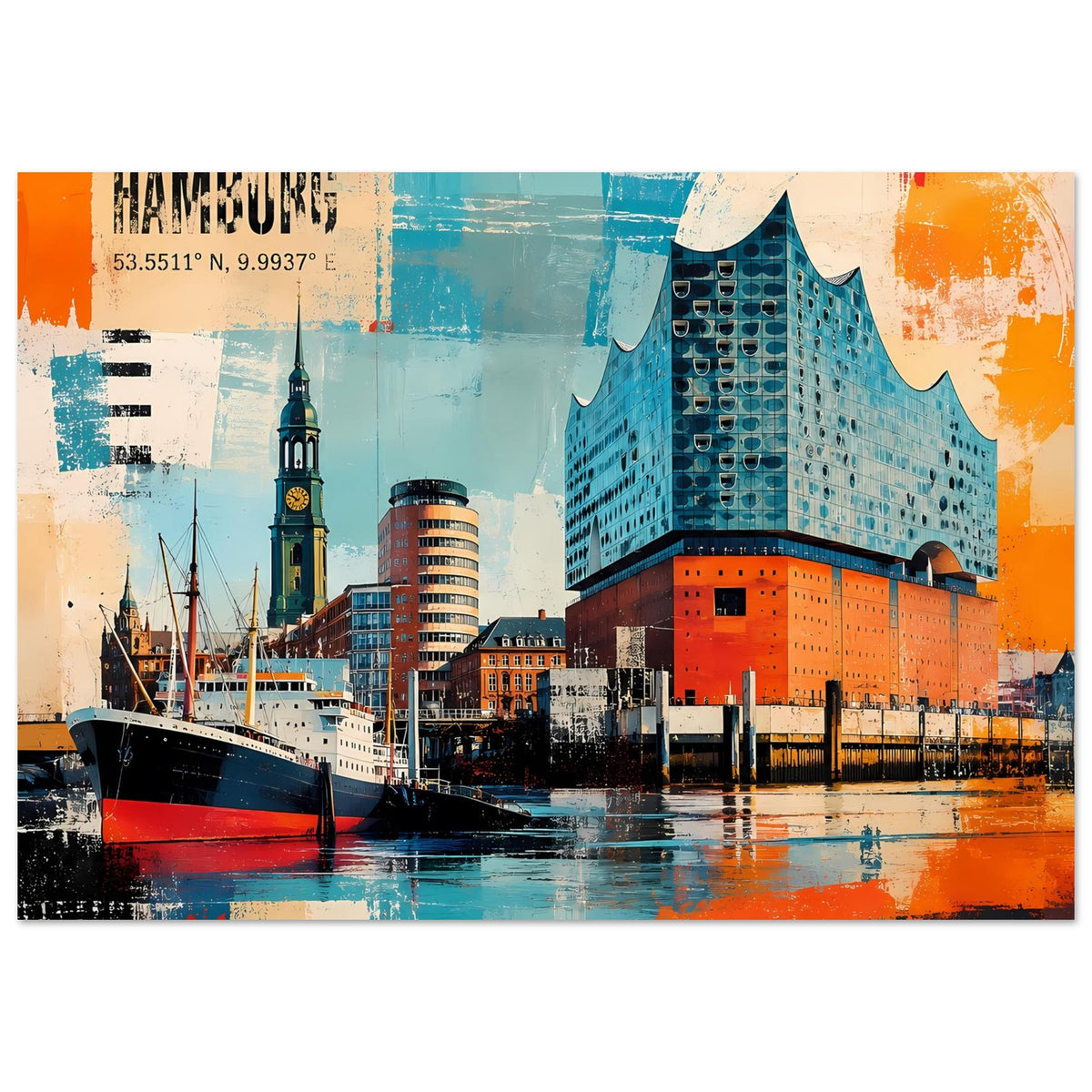Hamburg-Poster mit Elbphilharmonie, Hafen und türkis-orangefarbener Farbgestaltung