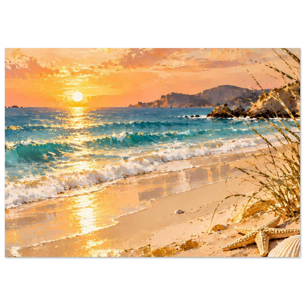 Strandposter horizontal: Sonnenuntergang am Strand, Sonnenreflex, Wellen und Küstenhügel