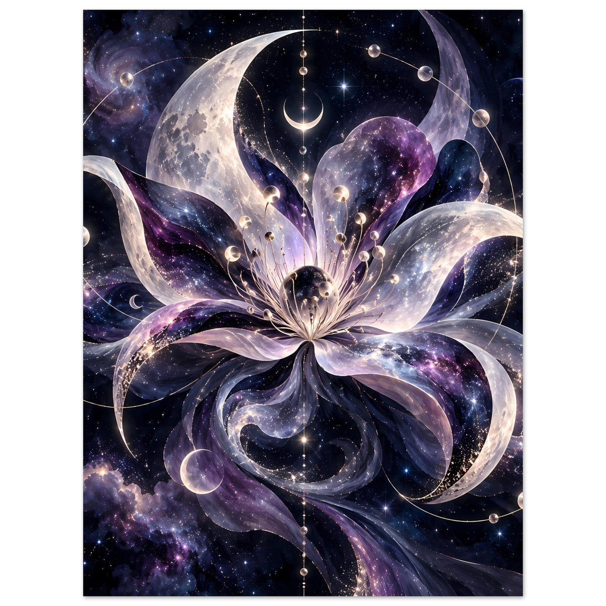 Kosmische Blüte mit Monden, Planeten und Sternen in violett-blauem Weltraum – Motivansicht 7