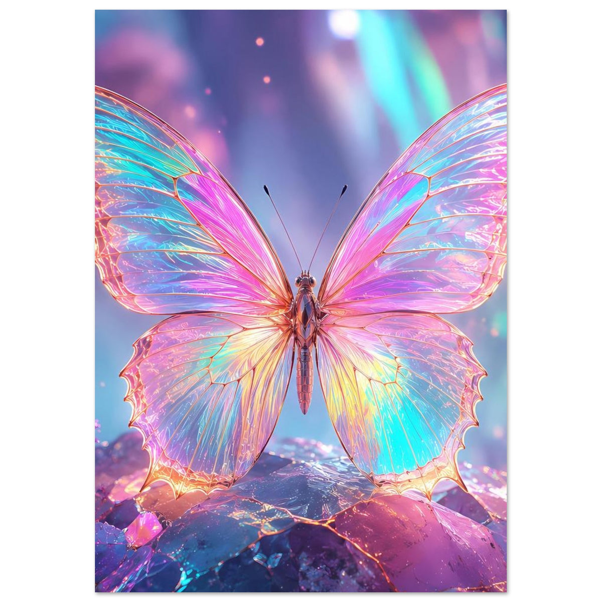Fantasy-Poster mit zentralem Schmetterling und irisierenden Flügeln über funkelnden Kristallen