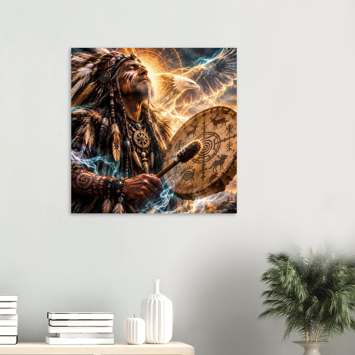 Fantasy-Poster: Schamane mit Trommel, gelber Adler und leuchtende Flammenenergie