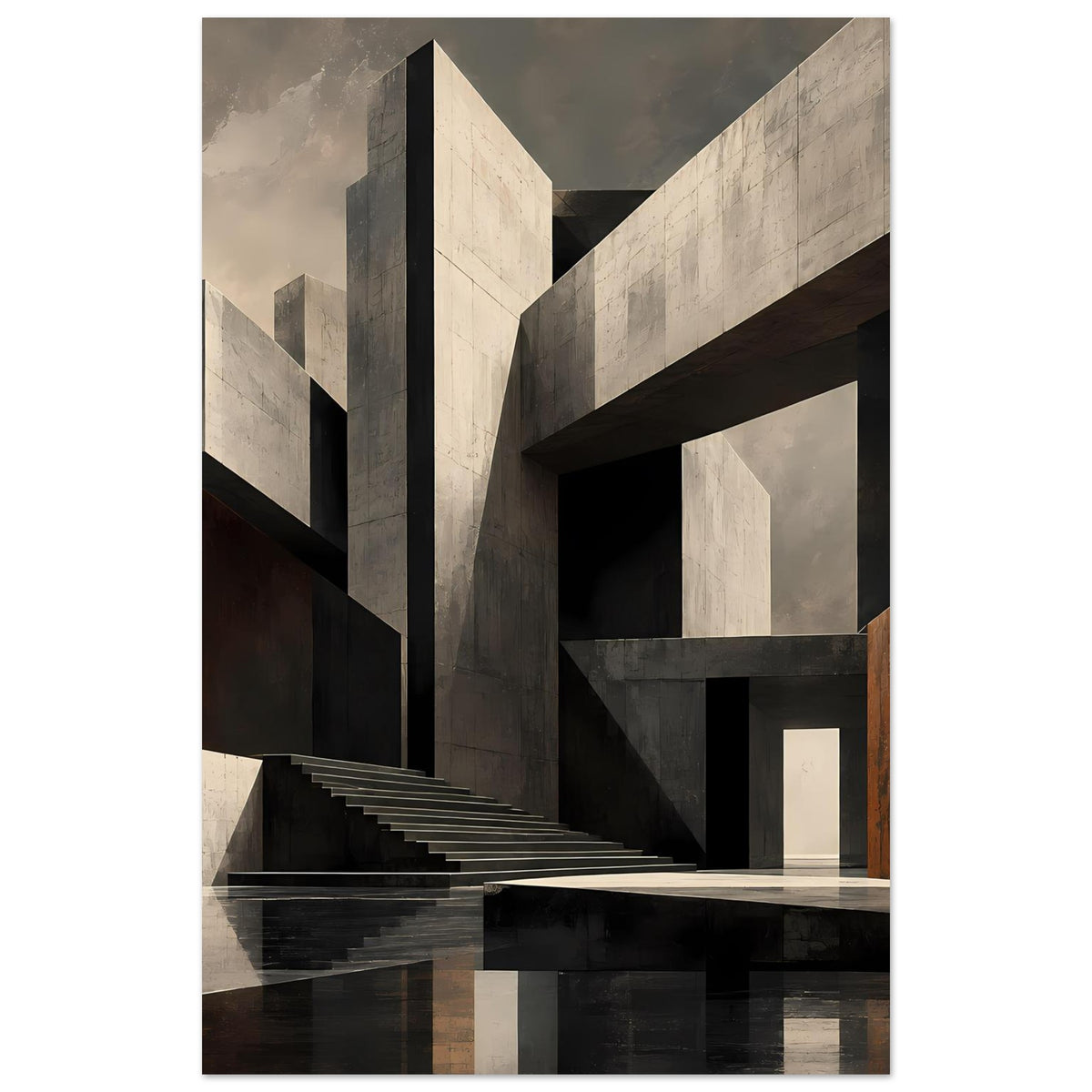 Architekturposter mit Treppe und geometrischer Wandstruktur in neutralen Farbtönen