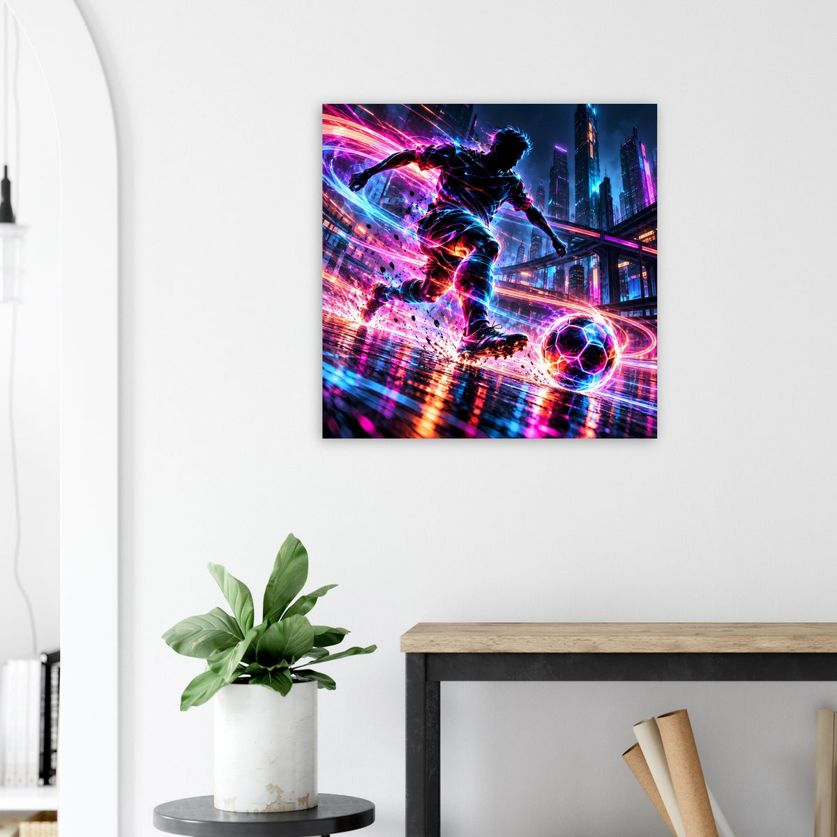 Neon-Soccer-Actionposter, quadratisch, futuristisches Street-Art-Motiv mit leuchtendem Ball
