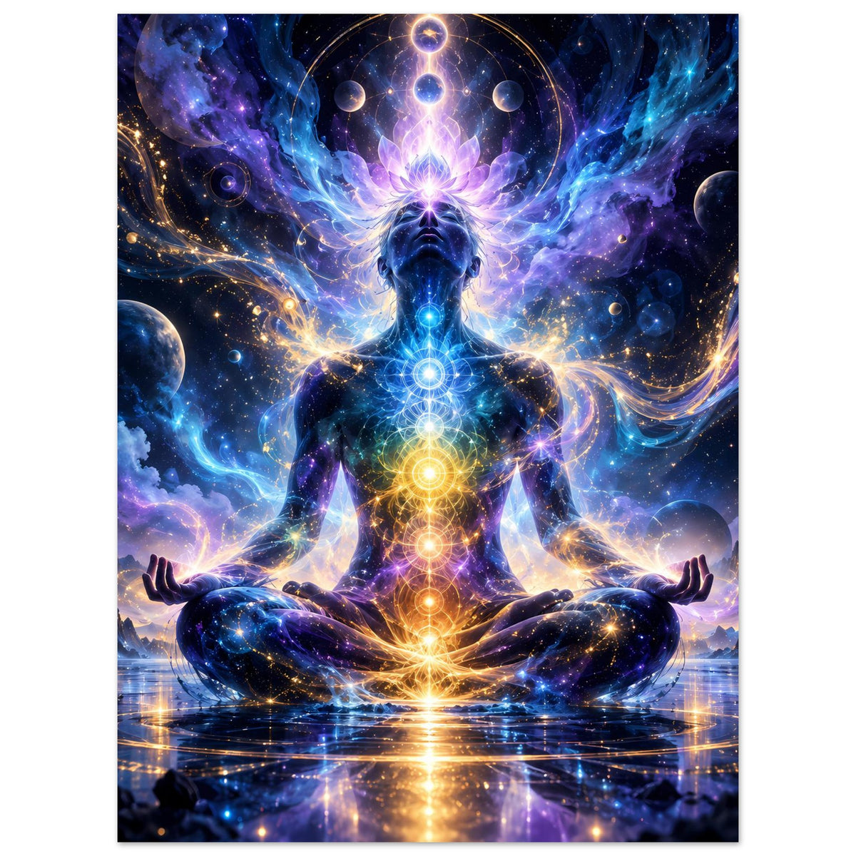 Spirituelles Poster im Hochformat: sitzende Gestalt, leuchtende Chakren und Sterne