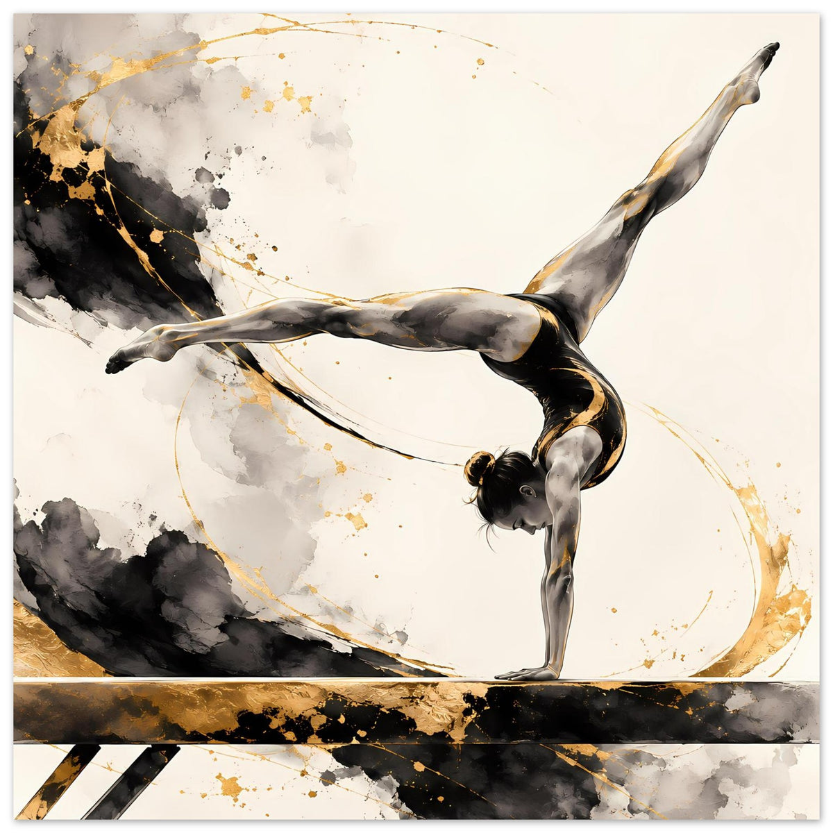 Gymnastikposter mit Turnerin in Schwarz und Gold, dynamische Streckpose mit Randstreifen