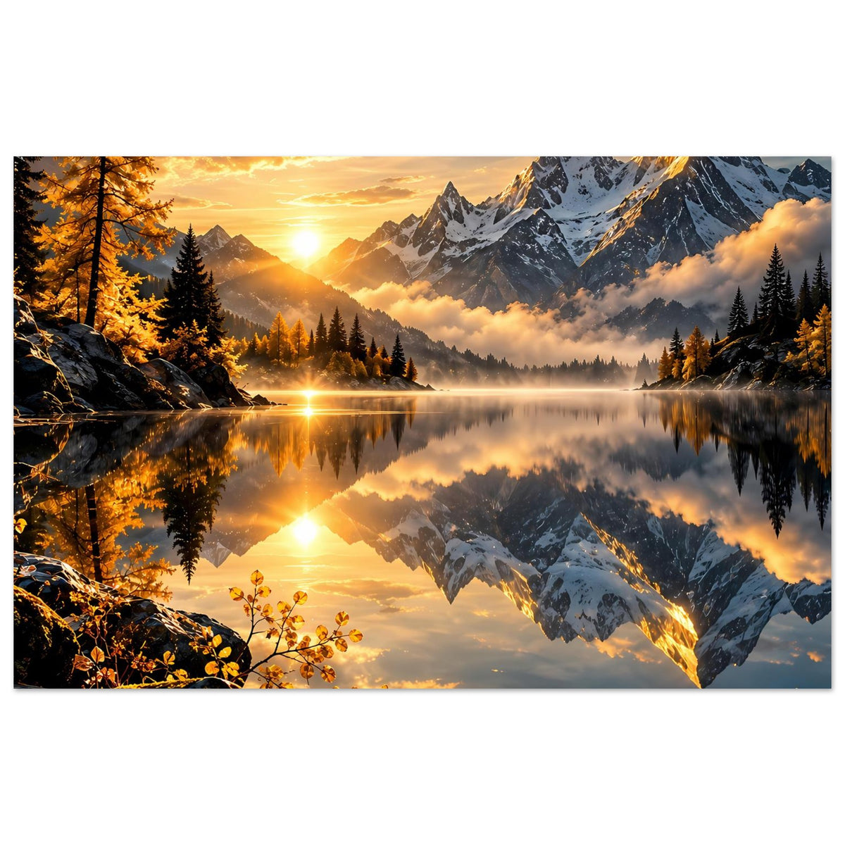 Rechteckiges Poster mit Alpenlandschaft am See, warmes Licht und klare Spiegelung