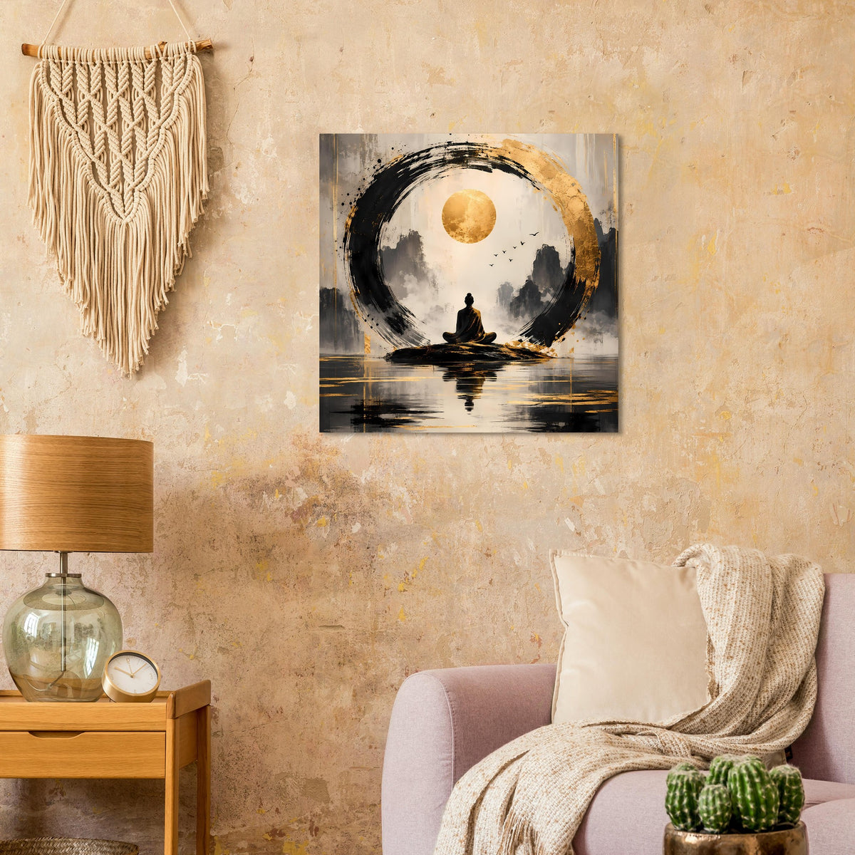 Zen-Meditationsposter mit goldener Mondscheibe, schwarzer Meditationssilhouette und Spiegelung