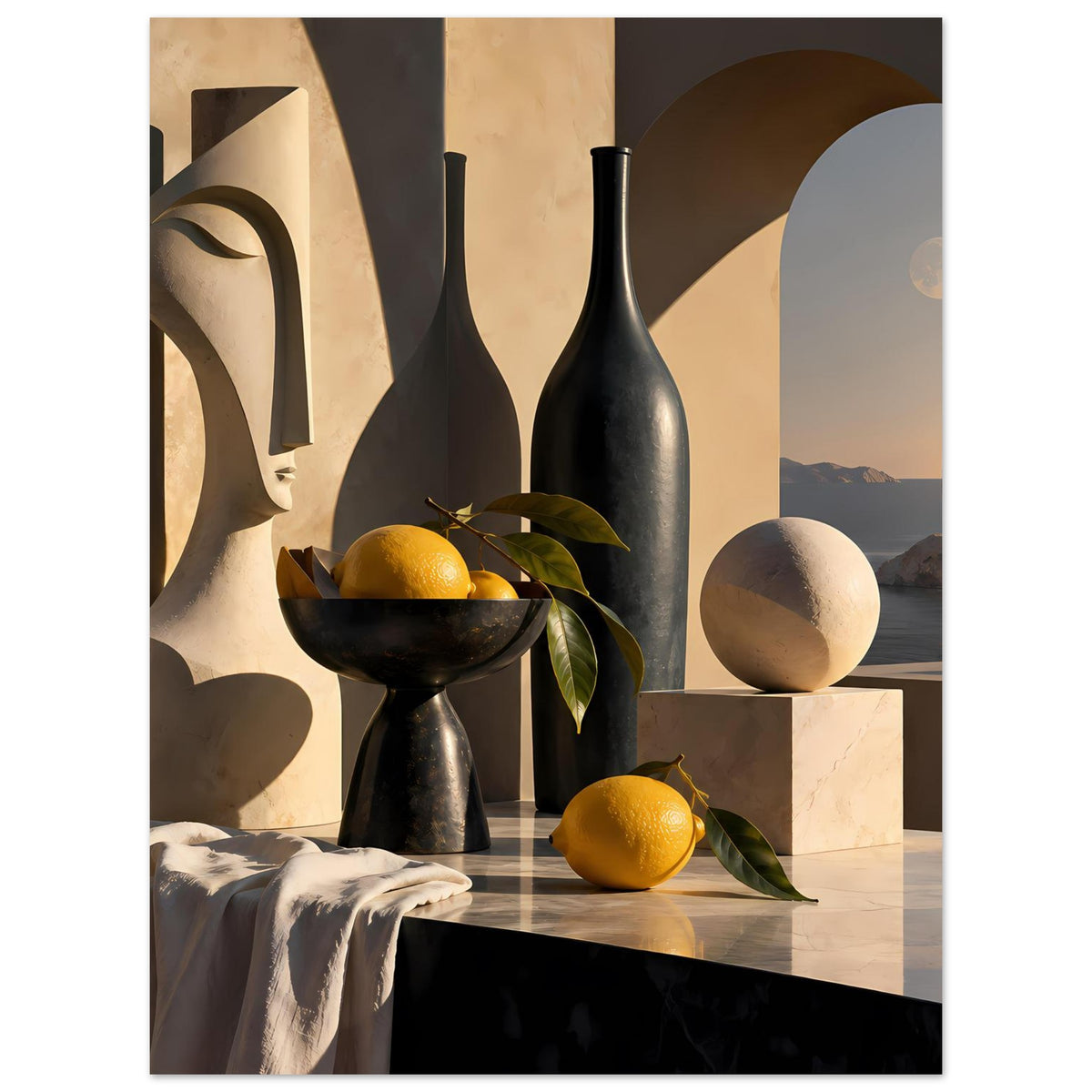 Poster mit Stillleben: schwarze Vase, Kugelobjekt, Zitronen und Mondlicht über der Küste.