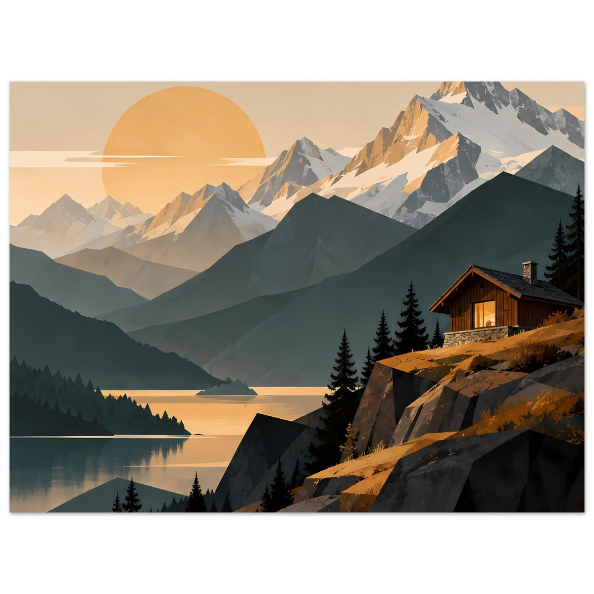 Poster mit Alpenlandschaft: See, Bergketten und Holzhaus am Hang, Sonne knapp über Horizont