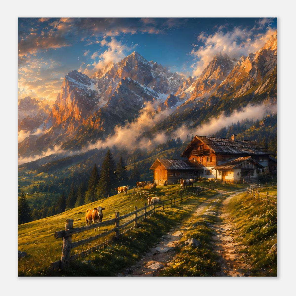 Poster mit kleiner Almhütte, Kühen am Zaun und Alpenpanorama im warmen Licht