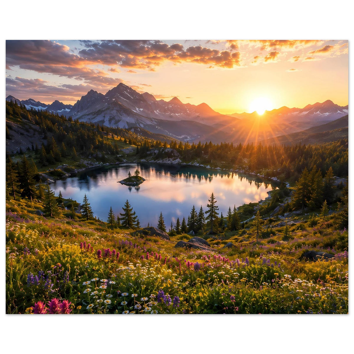 Horizontales Poster mit Bergsee-Reflexion bei Sonnenuntergang, Berge und Blumen im Vordergrund.