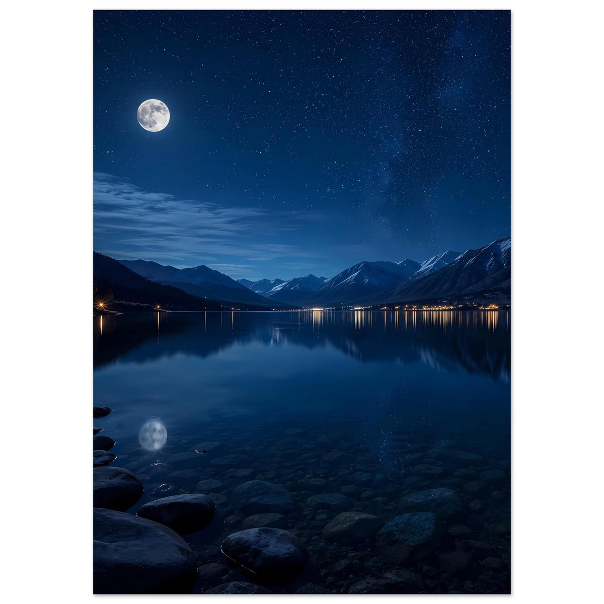 Poster: vertikal mit Mond am Himmel, Bergsee und ruhiger Wasseroberfläche