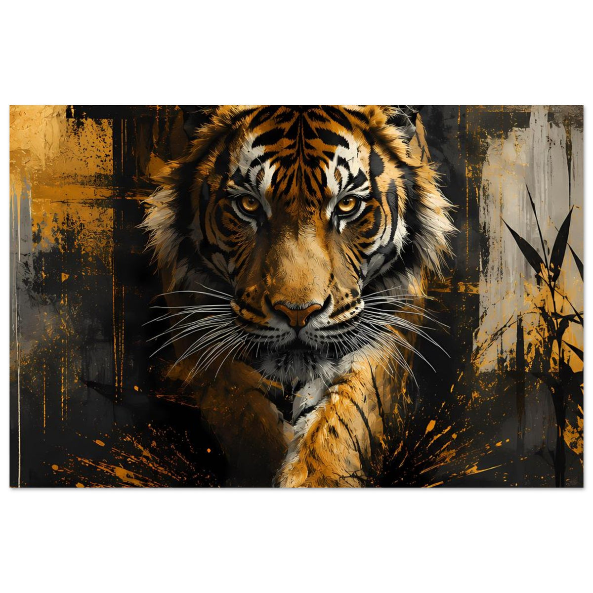 Horizontales Tiger-Poster mit goldgelbem Fell, schwarz-gelben Streifen und sichtbaren Pfoten