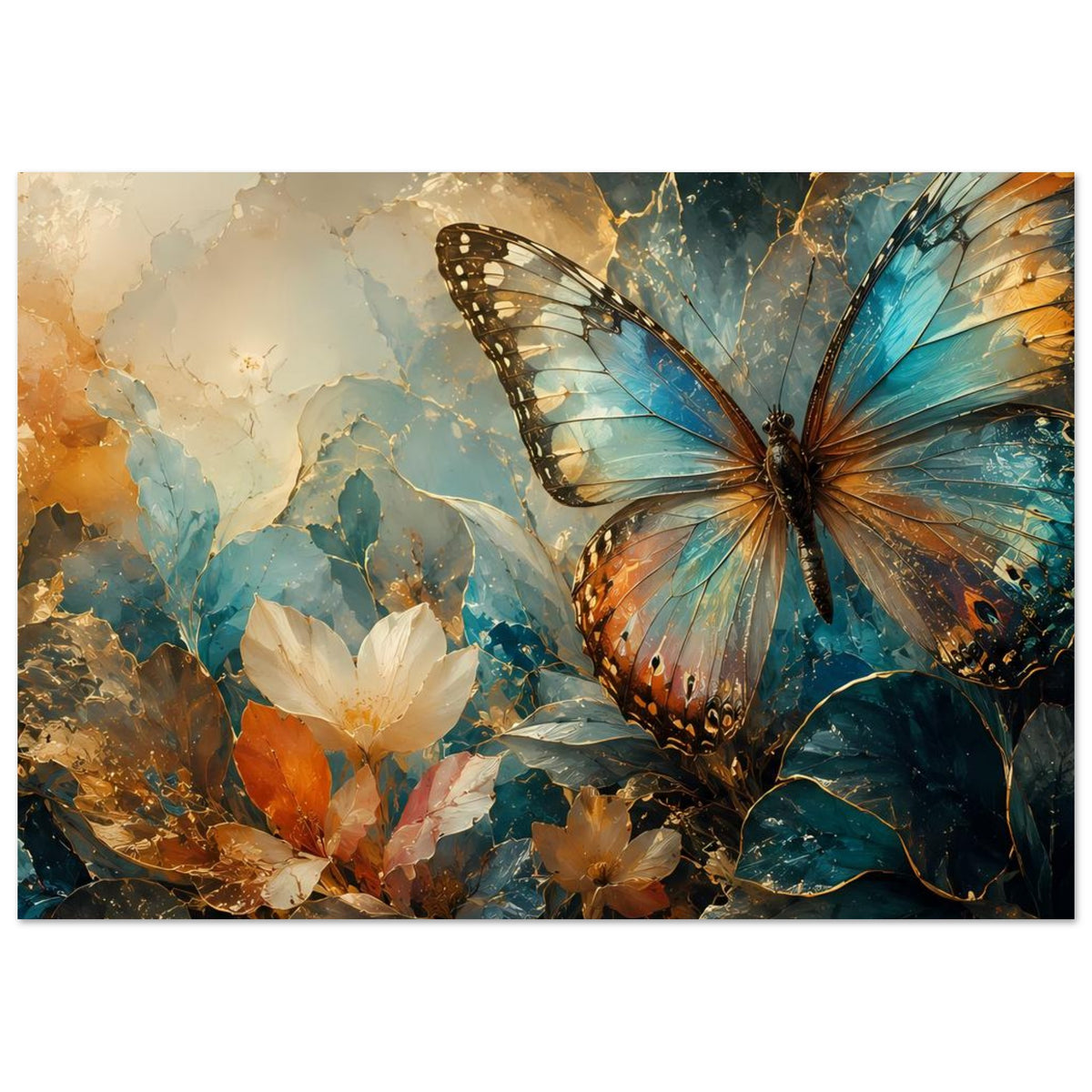 Horizontales Poster mit Schmetterling und weißen Blüten in warmen Blautönen, goldene Akzente