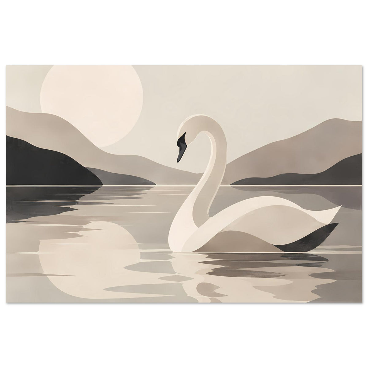 Kunstposter mit weißem Schwan und klarer Spiegelung im See, abstrakte Landschaft in Erdtönen