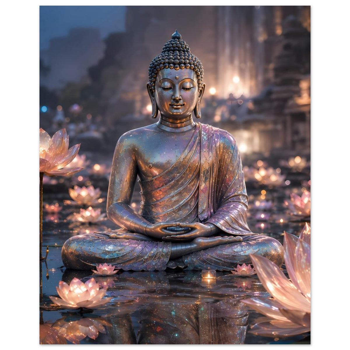 Wandposter mit Buddha in Meditationspose, gold-blau schimmernde Oberfläche, Lotusblüten am Boden