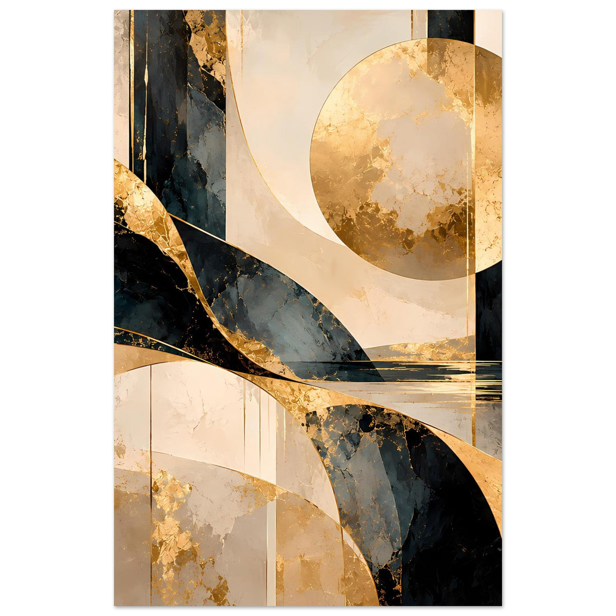 Abstraktes Poster im Hochformat: goldener Kreis, schwarze Kurven und Linienbalken