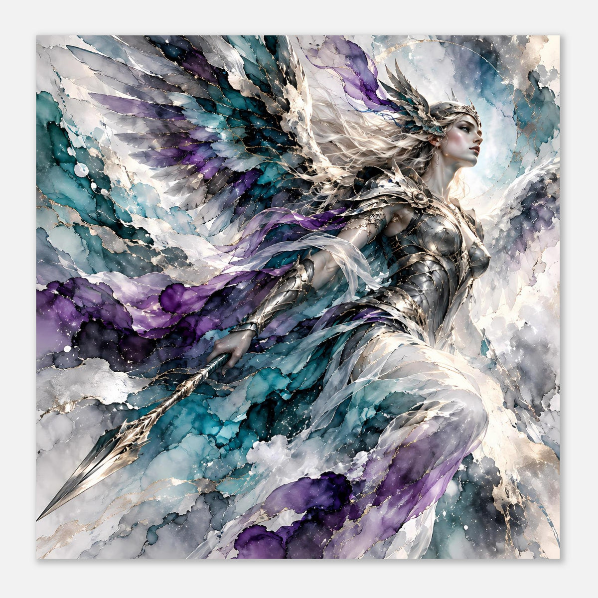Fantasy-Poster mit Kriegerengel, zentrale Figur mit Flügeln in Blau und Violett
