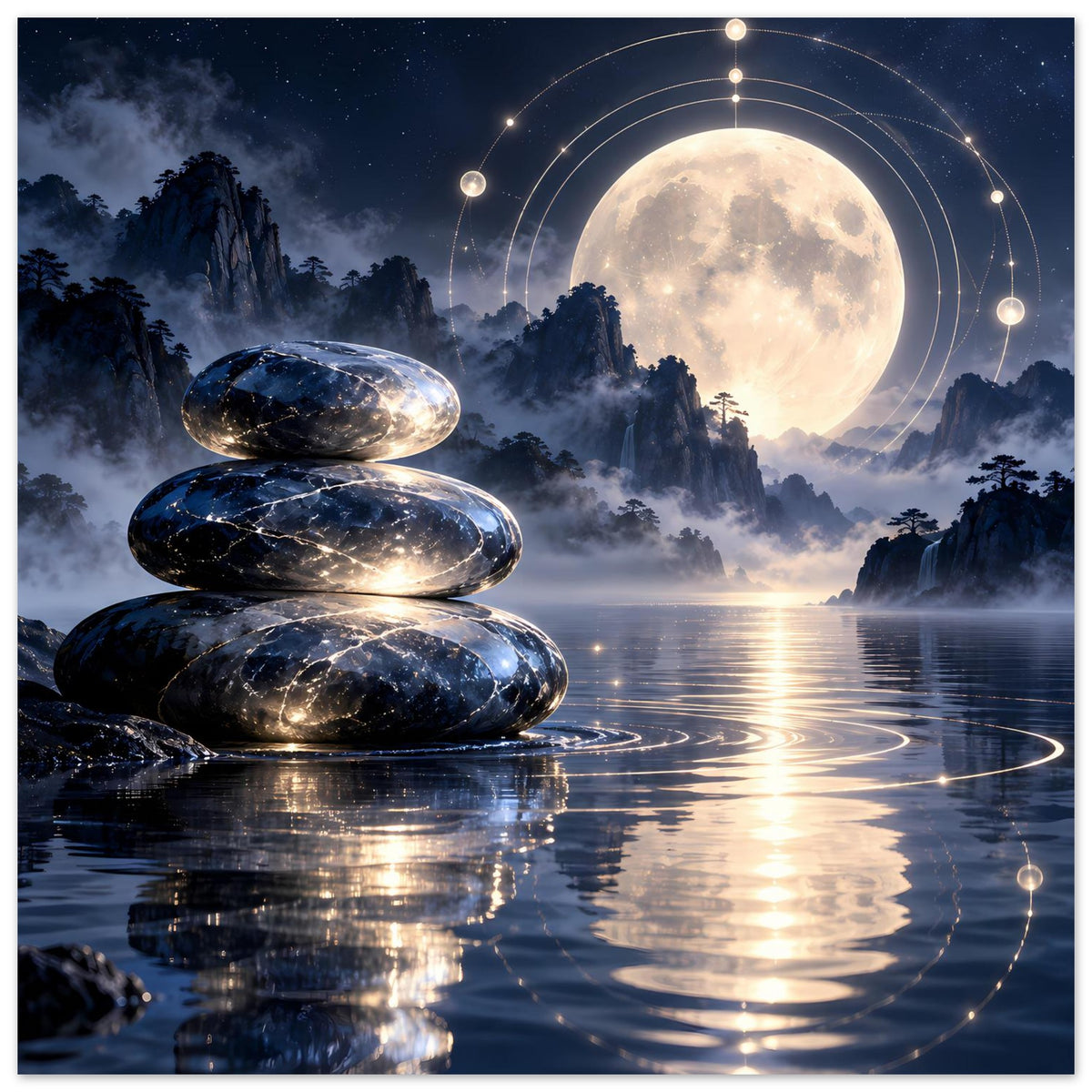 Hochformat-Poster: Zen-Steine, großer Mond, schwebende Lichtpunkte und reflektierendes Wasser