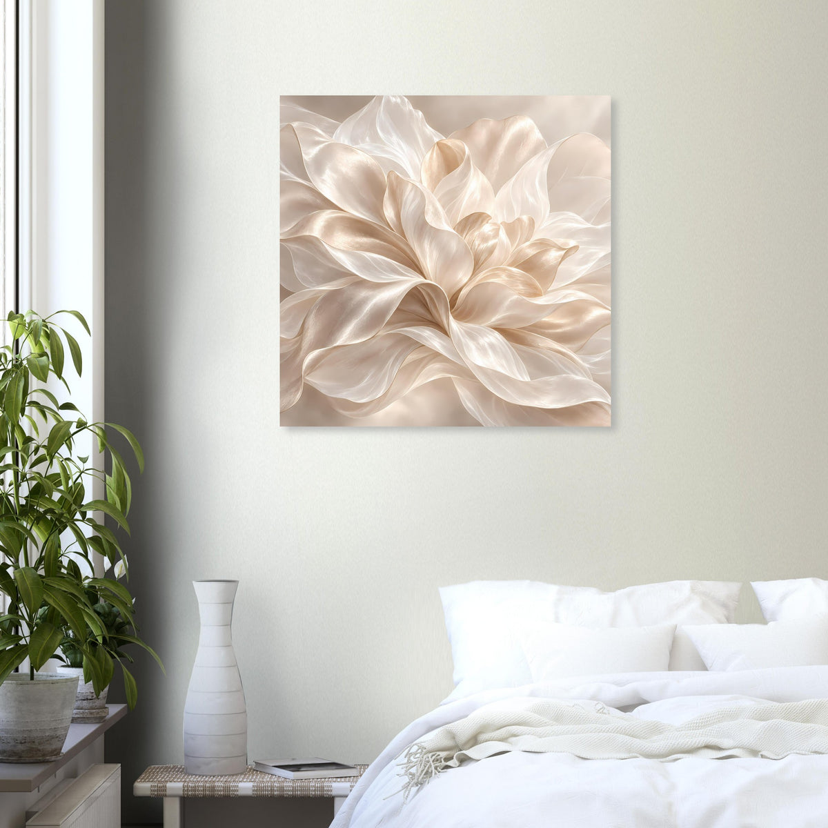 Blumenposter mit beigem Blumenmotiv, quadratisch, auf matter Papieroberfläche.