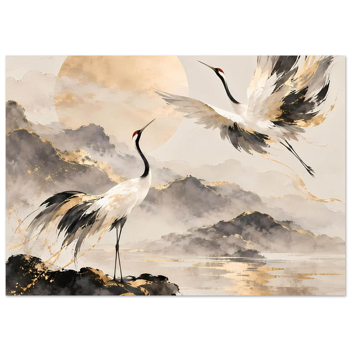 Poster mit Kranich und ausgebreiteten Flügeln; goldene Akzente, graue Landschaft im Hintergrund