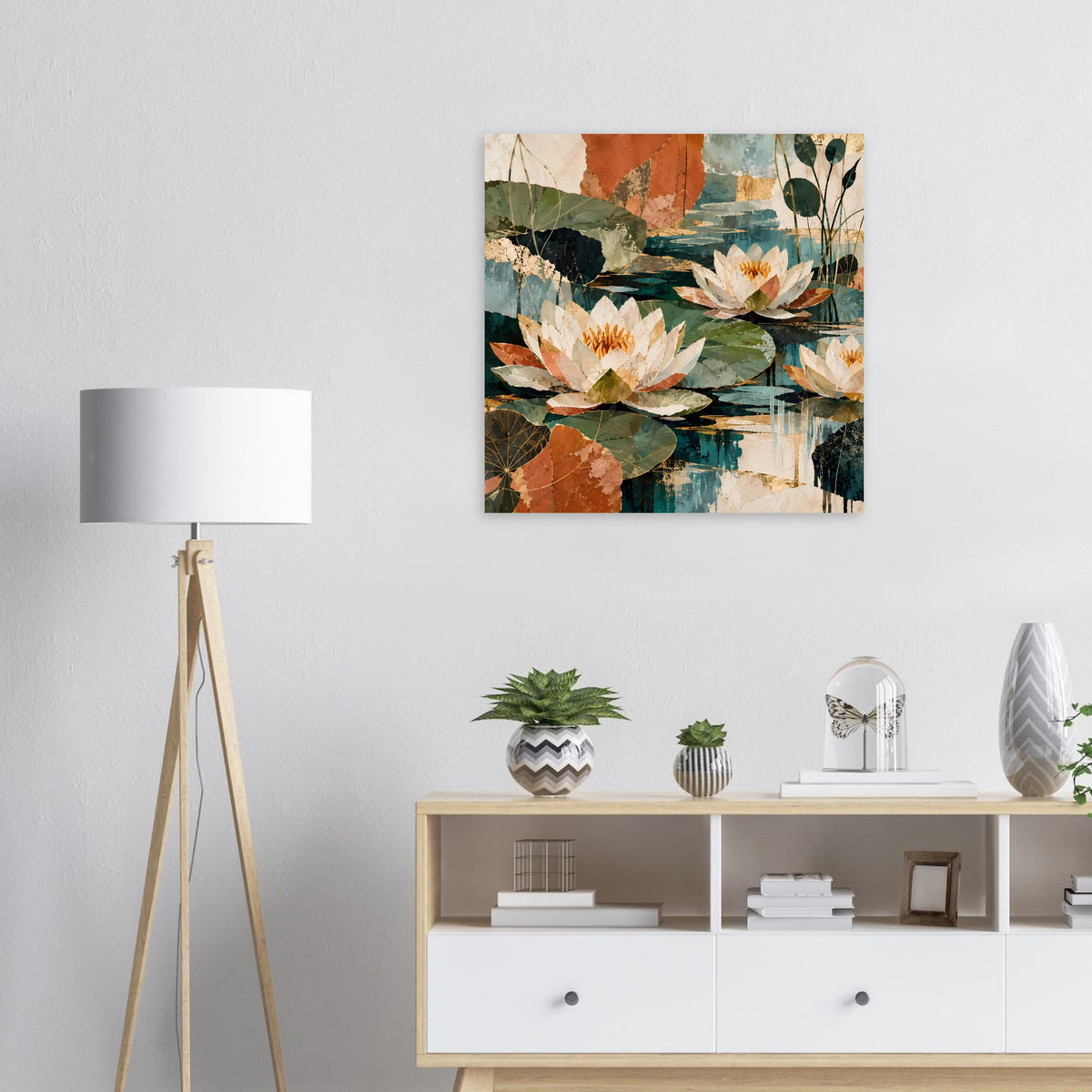 Botanisches Poster mit Seerosen in Beige, Grün, Blau und Orange, quadratisch