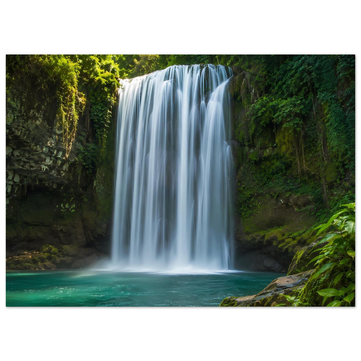 Wasserfall-Poster (Querformat): silberner Wasserfall über türkisgrünem Becken im Wald