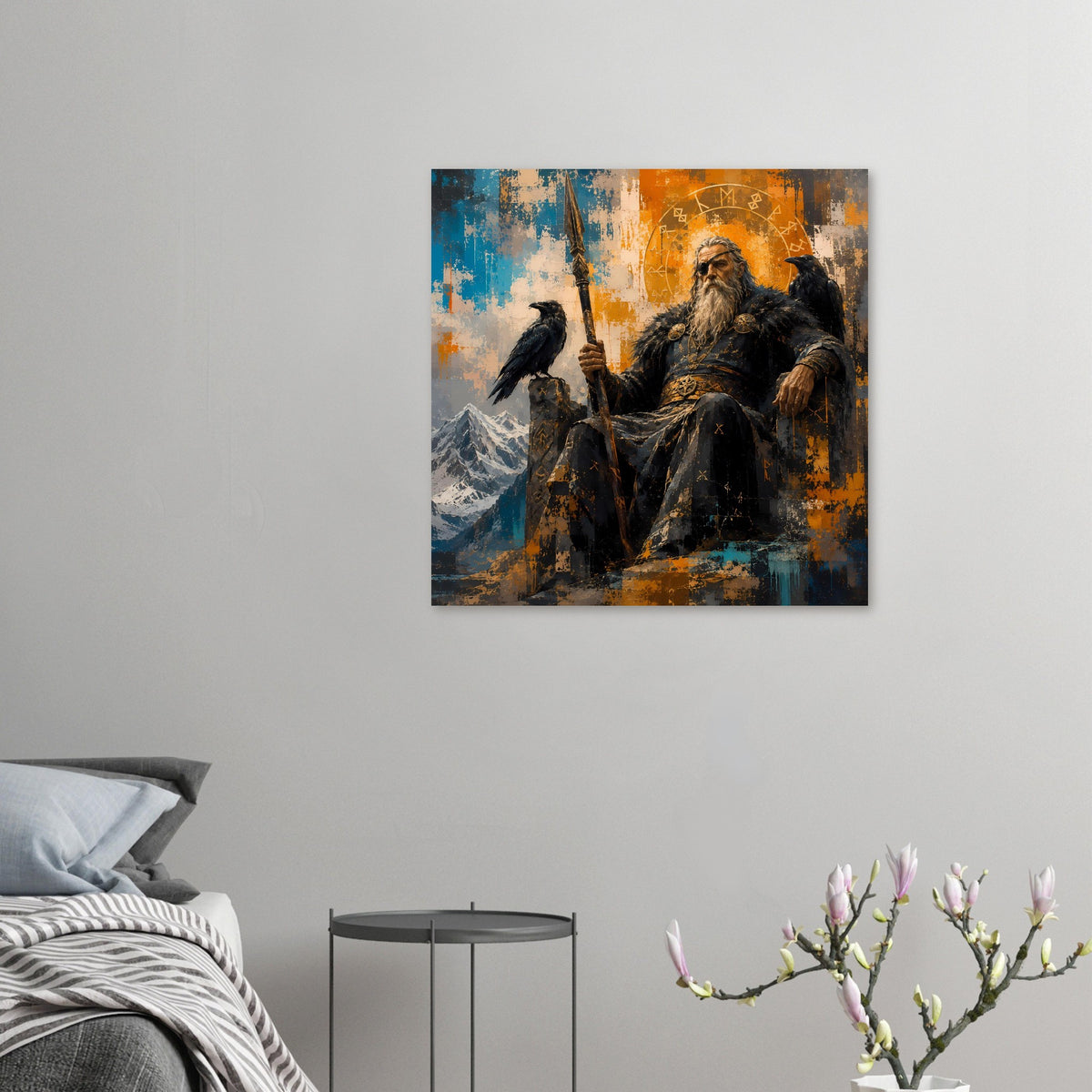 Kleines Poster: bärtiger Krieger mit Speer, schwarzer Rabe und orangefarbener Symbolkreis