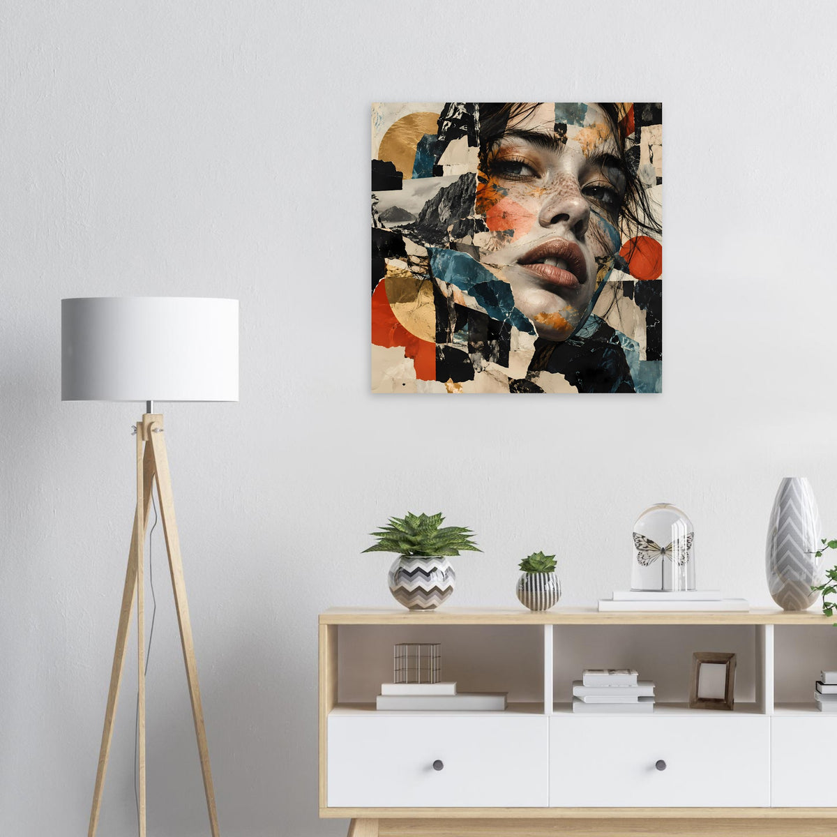 Quadratisches Poster im Rahmen: abstraktes Porträt mit Terrakotta- und Blauflächen