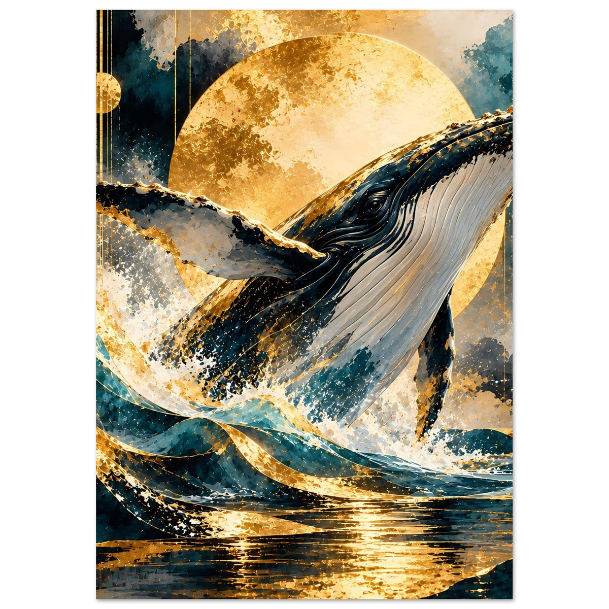Poster mit Buckelwal bei goldenem Mond, dynamische Wellen, blau-goldene Akzente