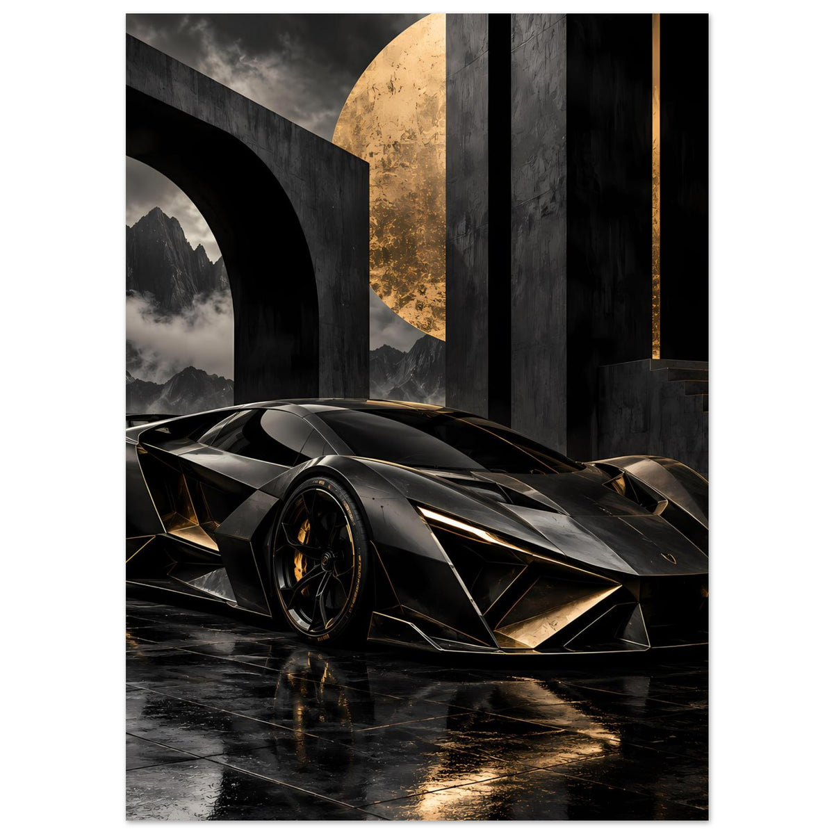 Poster mit futuristischem Supersportwagen in Schwarz und Gold, vorn, goldene Akzente an den Kanten