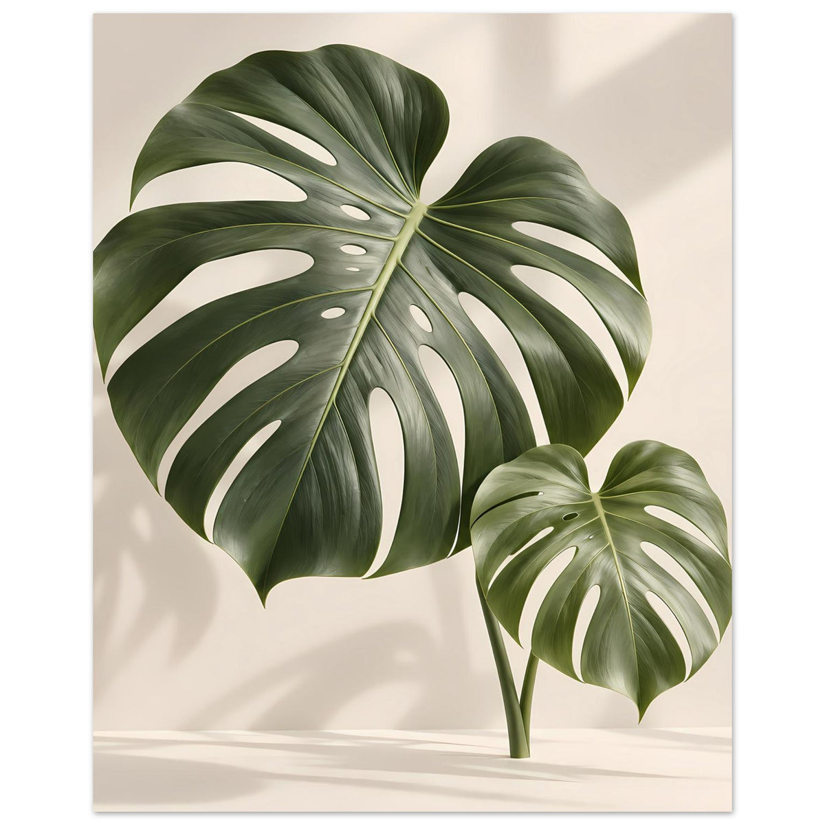 Botanisches Poster mit Monstera-Blättern, großes Blatt mittig, kleineres rechts unten