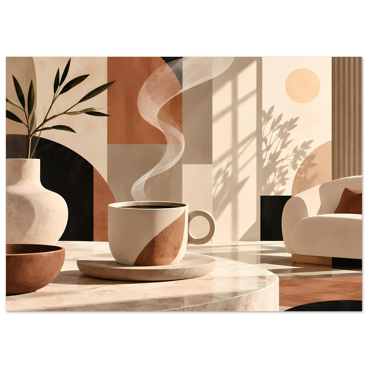 Poster mit Tasse auf Untertasse, Marmortisch, Blätterzweig und abstrakten Kurven in warmen Tönen